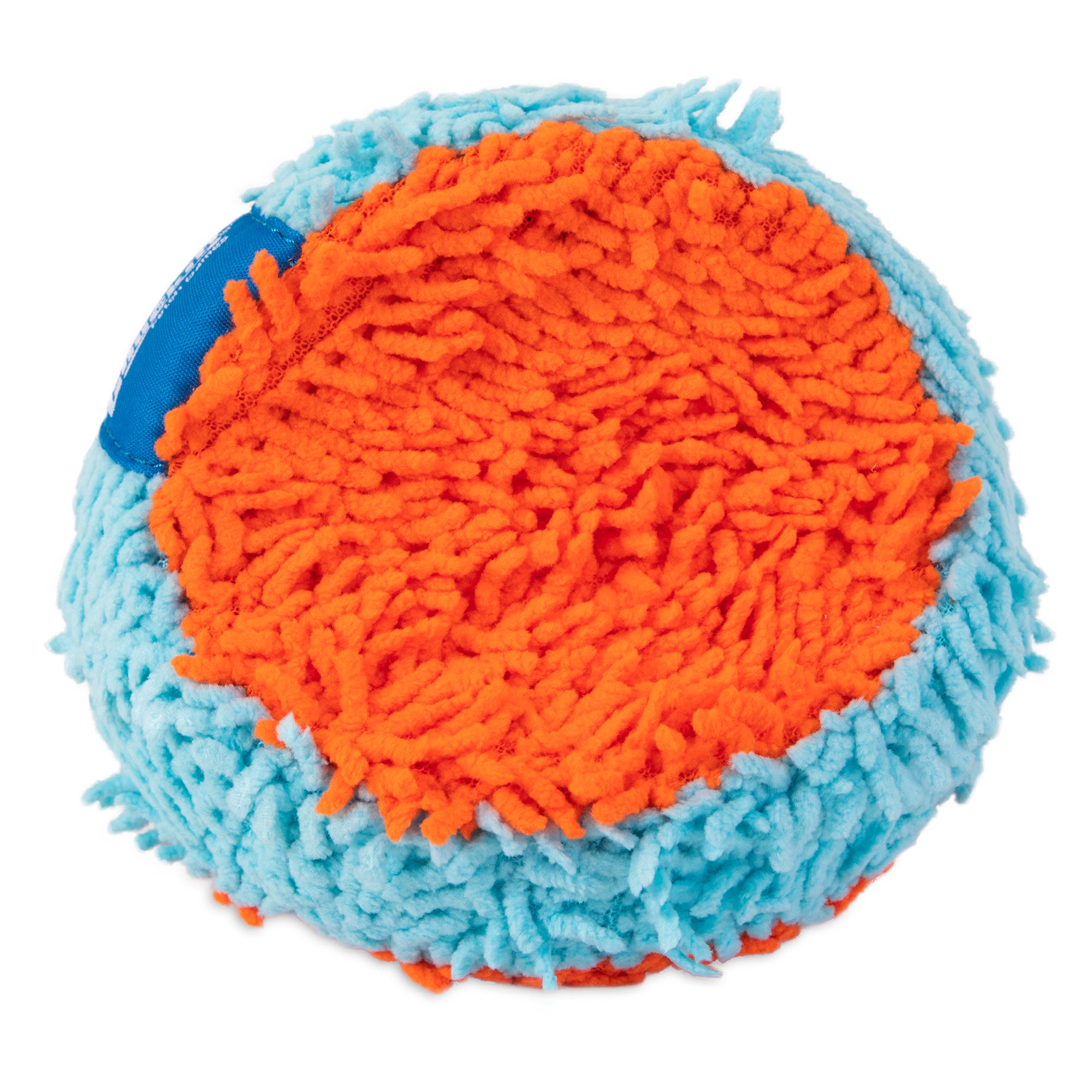 A fluffy round plush toy with a bright orange center and a light blue shaggy exterior, this item mimics the textures of the Chuckit! Indoor Fetch Tumbler Toy for Dogs by Chuckit, providing an ideal playtime experience indoors.