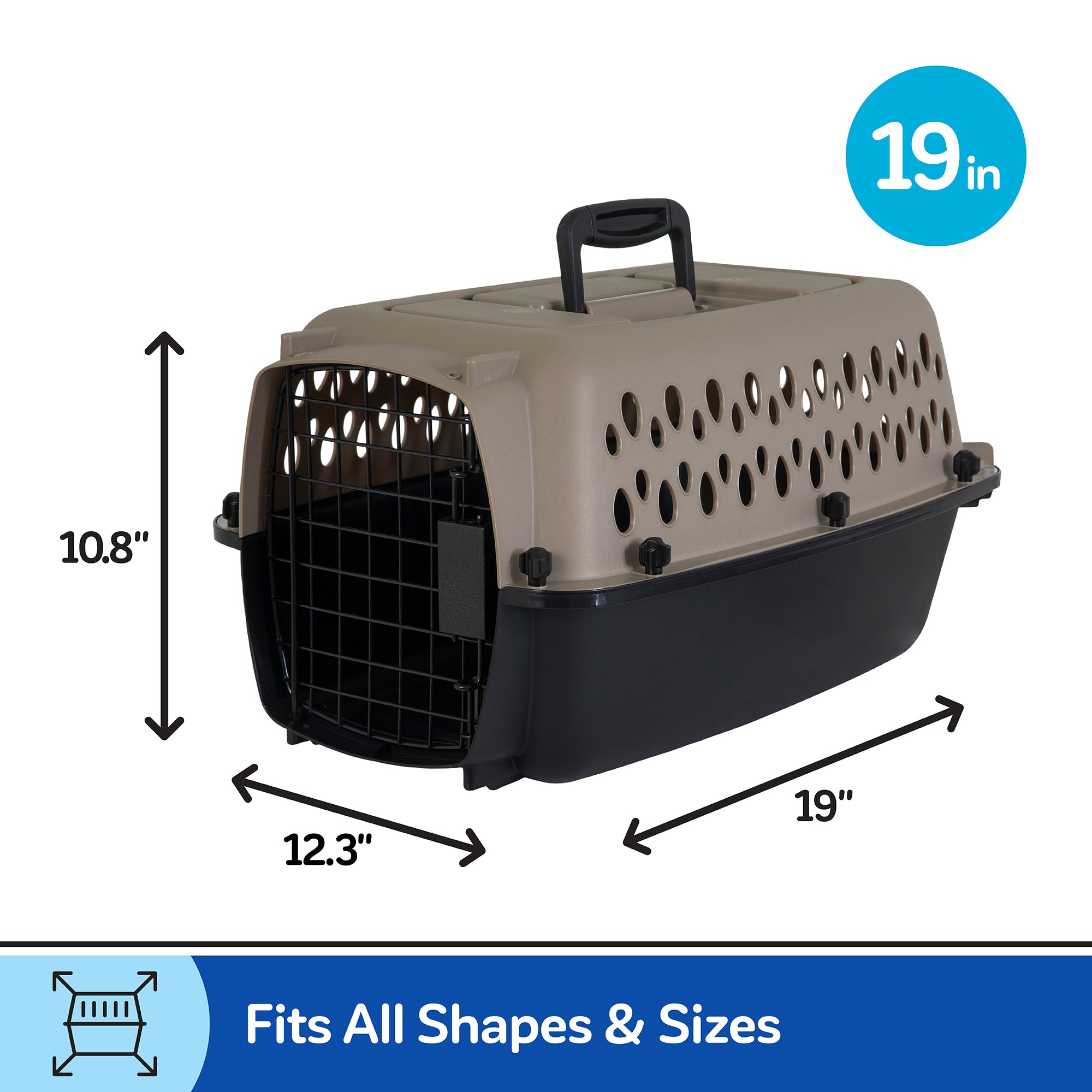 The Petmate Vari Kennel by Petmate, made with EcoTEC Plastic, is a tan and black carrier measuring 19 L x 12.3 W x 10.8 H. It has a black wire door, ventilation holes, and an easy-carry handle on top, with a blue label stating 19 in and Fits All Shapes & Sizes.