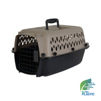 This Petmate Vari Kennel, in beige and black, includes a front mesh door, side ventilation holes, and a convenient top handle. The EcoTEC Plastic logo is prominently displayed for quality assurance.