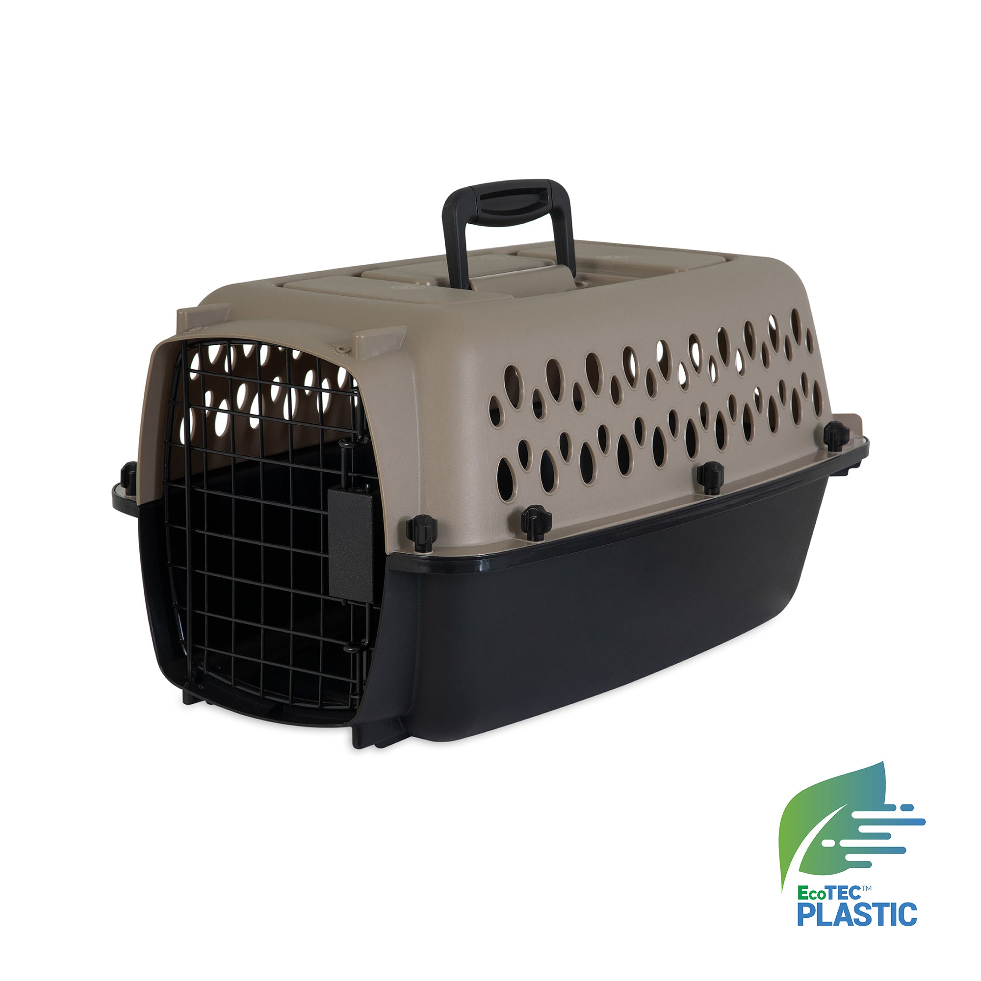 This Petmate Vari Kennel, in beige and black, includes a front mesh door, side ventilation holes, and a convenient top handle. The EcoTEC Plastic logo is prominently displayed for quality assurance.