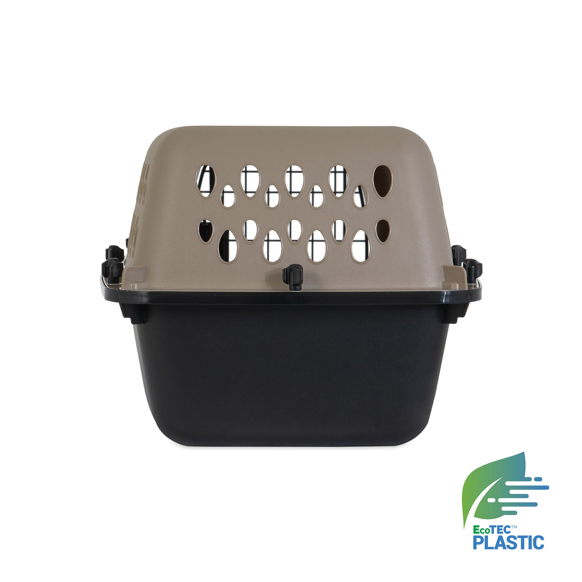The Petmate Vari Kennel, by Petmate, is an eco-friendly two-tone pet carrier with a taupe top and black bottom. It features multiple small ventilation holes on the top and showcases the EcoTEC Plastic logo in the bottom right corner.