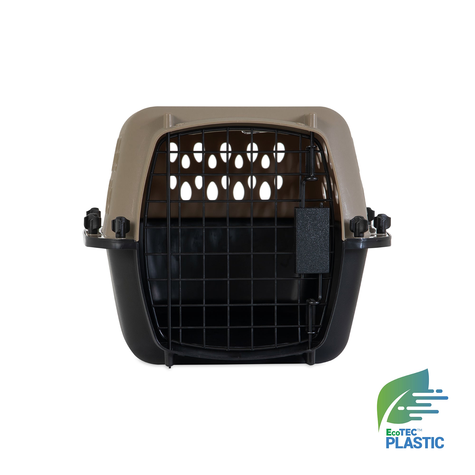 A brown and black Petmate Vari Kennel features a grid door, ventilation holes, a top handle, and an EcoTEC Plastic logo to emphasize eco-friendly materials, making it perfect for stylishly securing or housebreaking your pet.