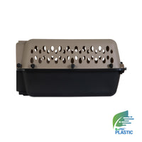 The Petmate Vari Kennel, made from durable EcoTEC plastic in beige and black, features circular ventilation holes on the top half for easy housebreaking. The Petmate logo is positioned on the bottom right corner.