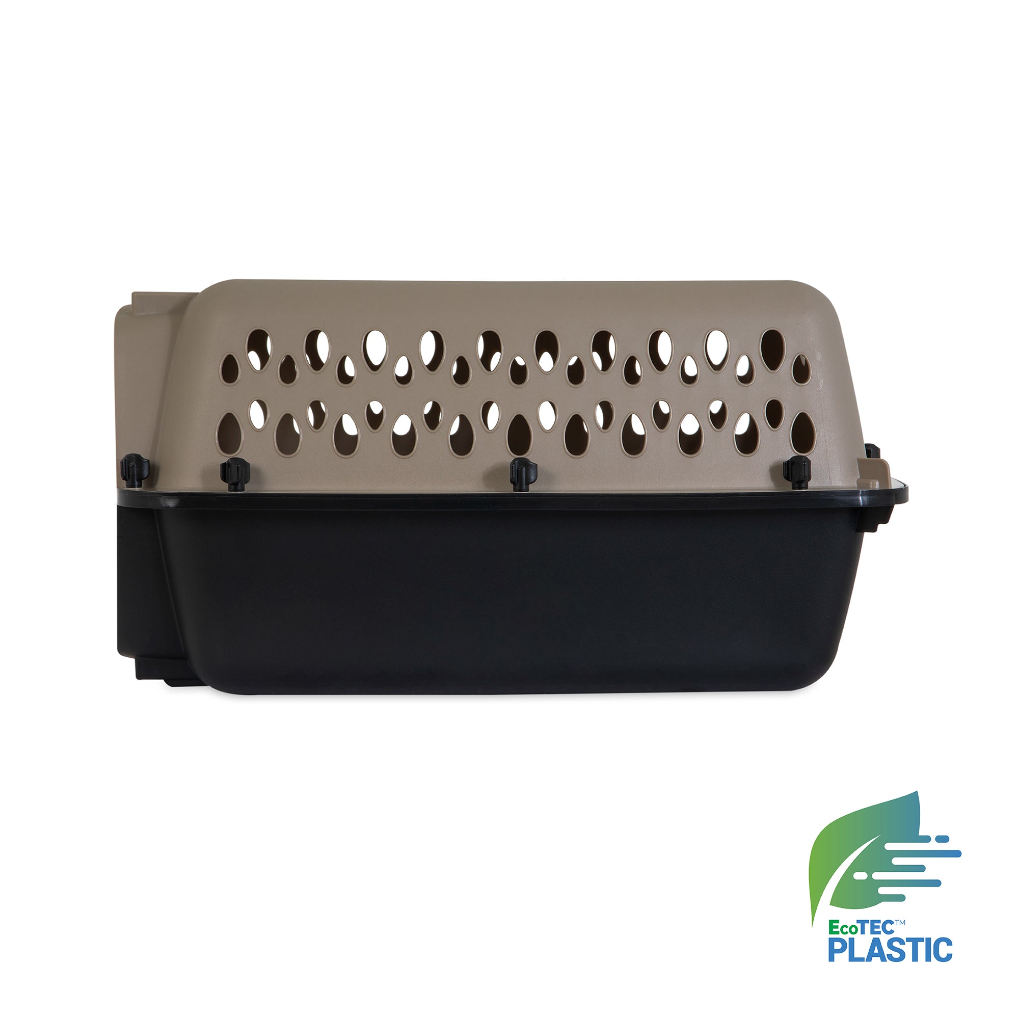 The Petmate Vari Kennel, made from durable EcoTEC plastic in beige and black, features circular ventilation holes on the top half for easy housebreaking. The Petmate logo is positioned on the bottom right corner.