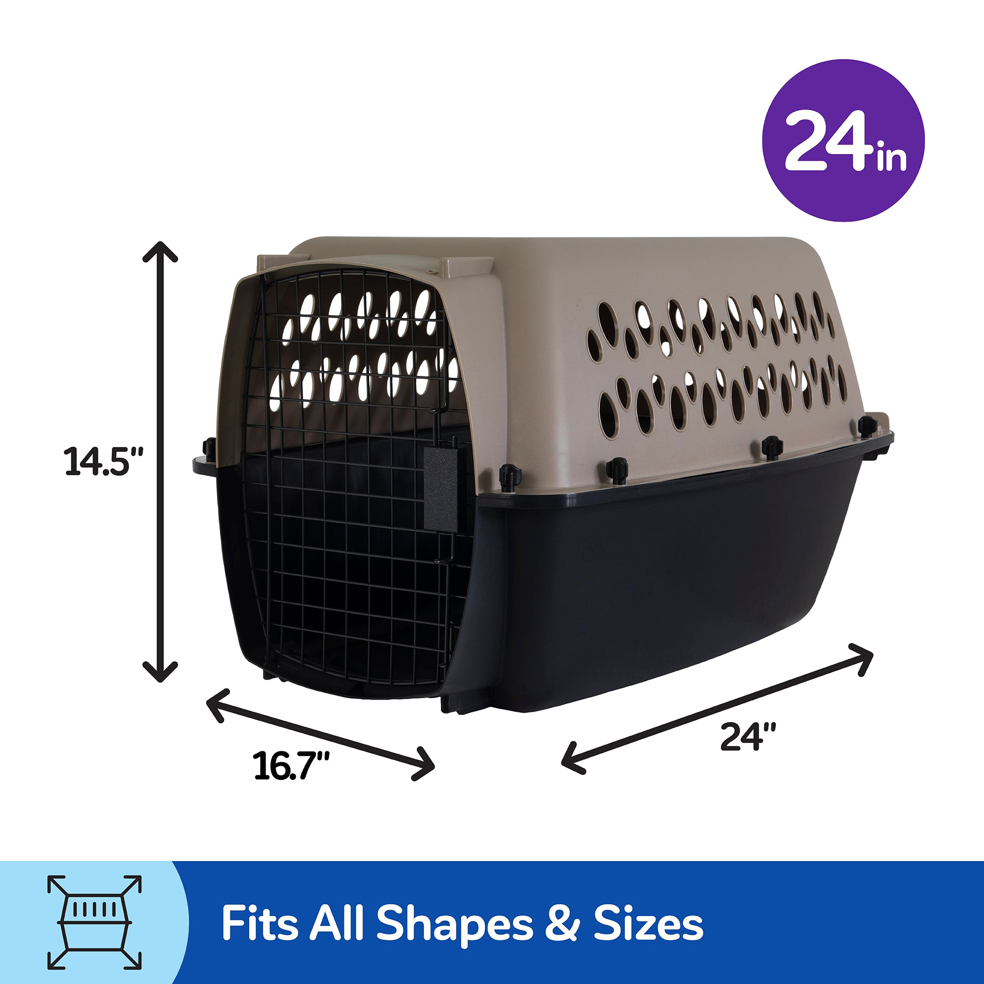 The beige and black Petmate Vari Kennel by Petmate, made from EcoTEC Plastic, measures 24L x 16.7W x 14.5H. It includes ventilation holes, a front metal gate, and a label 24 in with Fits All Shapes & Sizes on a blue background—ideal for housebreaking your pet.