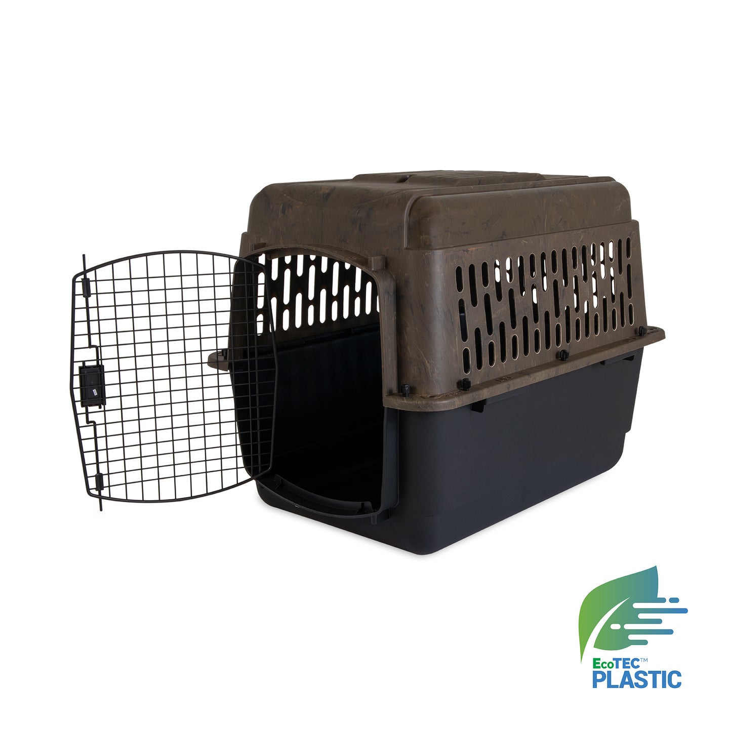 The Ruffmaxx Camo Kennel by Ruff Maxx is a dark plastic pet carrier with a camo-patterned top and an open metal mesh door, ensuring 360-degree ventilation. The EcoTEC™ Plastic logo highlights its eco-friendly design using recycled materials.