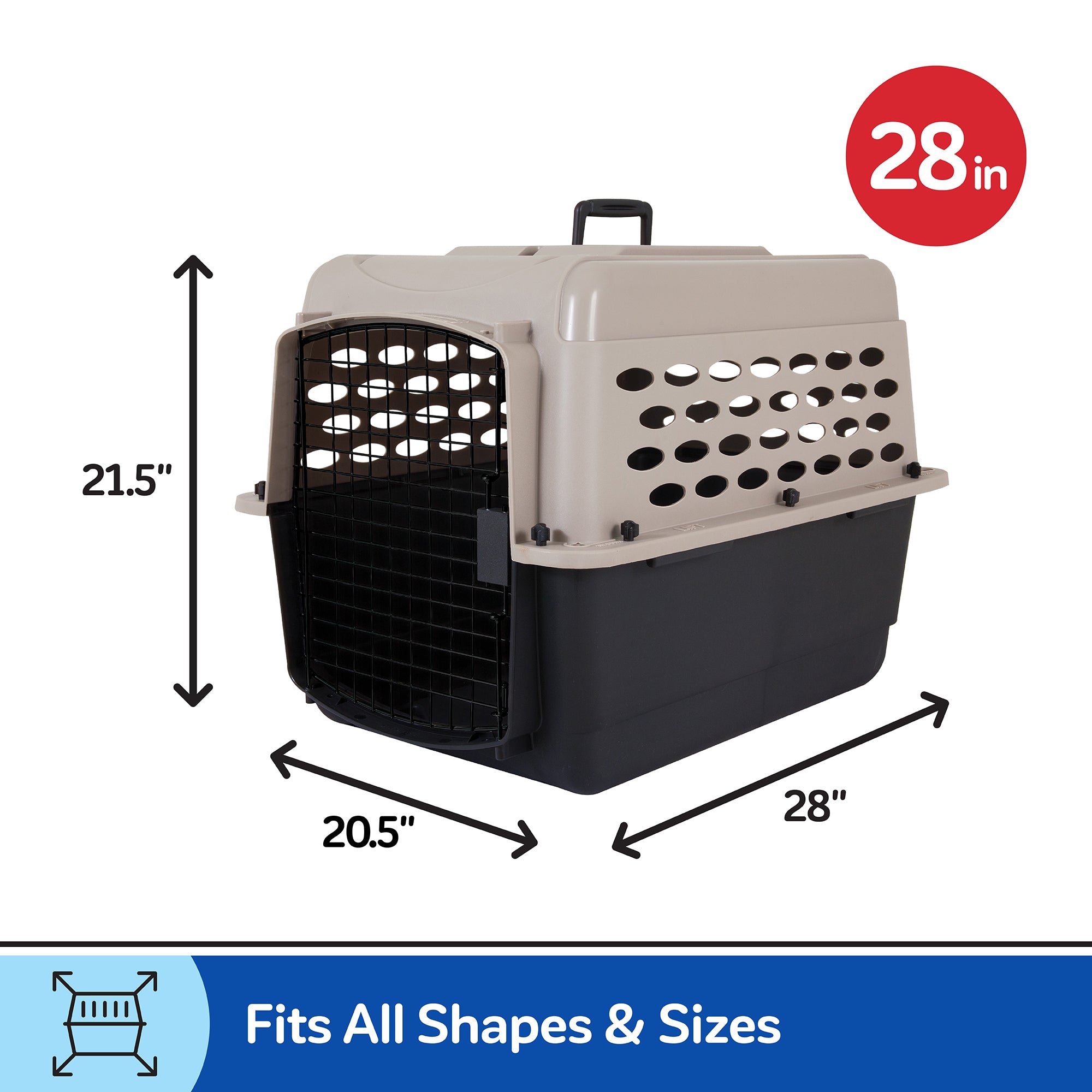 The versatile Petmate Vari Kennel pet carrier, crafted by Petmate from durable EcoTEC Plastic, measures 28L x 21.5H x 20.5W. Its beige top has ventilation holes, and the black base is great for housebreaking, labeled as Fits All Shapes & Sizes.