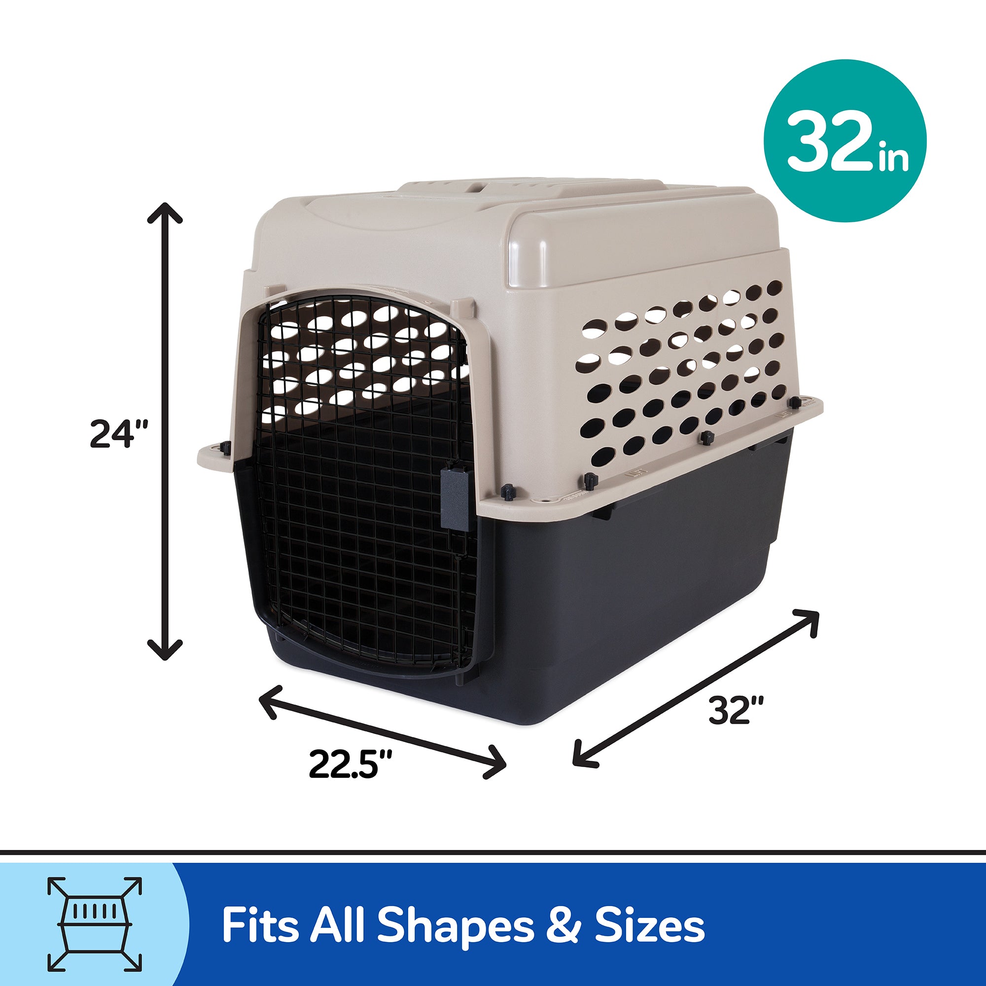 The Petmate Vari Kennel, made from EcoTEC Plastic, is a durable tan and black crate measuring 24H x 22.5W x 32L. With a black front gate and ventilation holes, its ideal for housebreaking pets of all sizes.