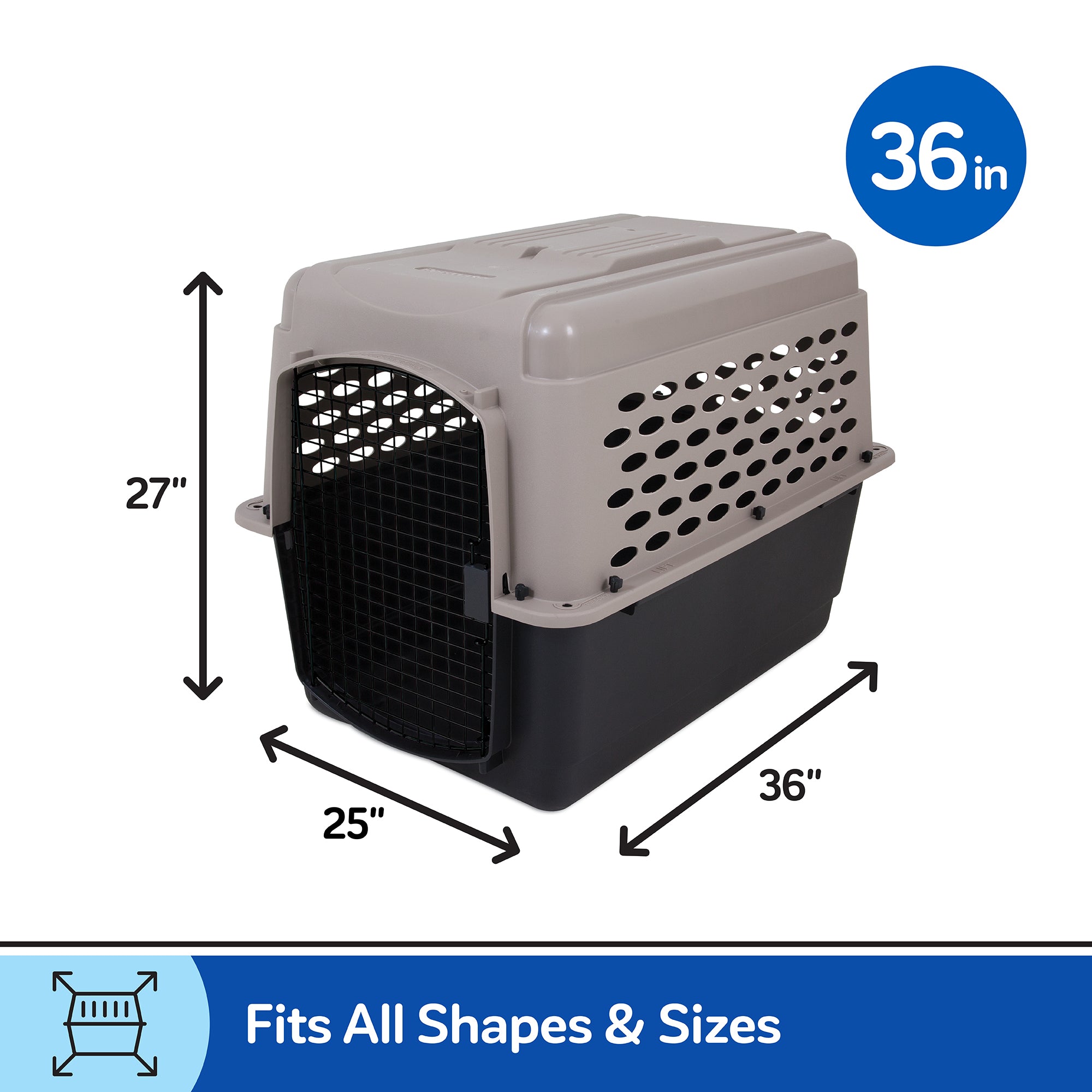 The Petmate Vari Kennel, crafted from EcoTEC Plastic in beige and black, measures 27H x 25W x 36L. It offers durability for housebreaking pets. The image features 36 in and Fits All Shapes & Sizes alongside a pet carrier icon.