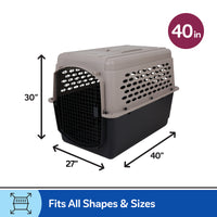 The Petmate Vari Kennel by Petmate, made from EcoTEC Plastic, includes a beige top, black bottom, front metal door, and ventilation holes. Measuring 40x27x30 inches, its ideal for housebreaking and fitting pets of different sizes.