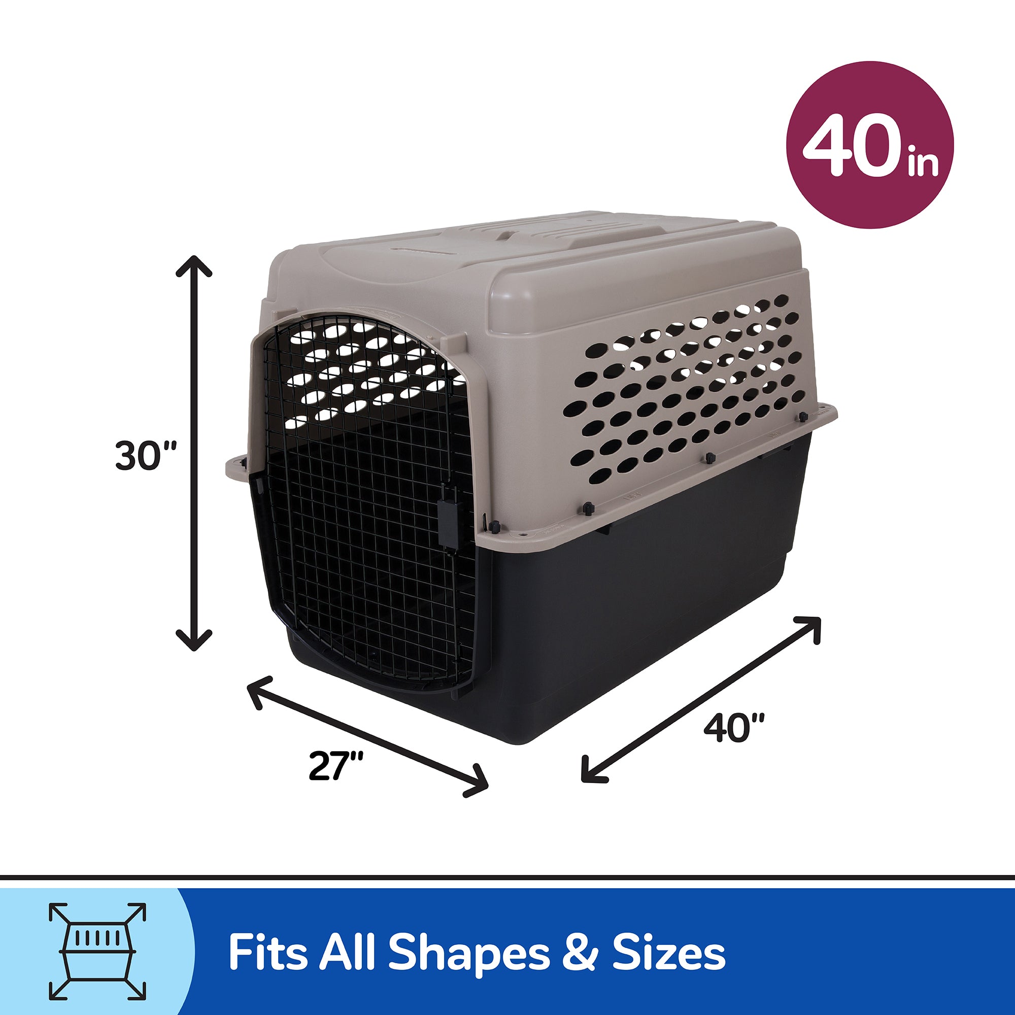 The Petmate Vari Kennel by Petmate, made from EcoTEC Plastic, includes a beige top, black bottom, front metal door, and ventilation holes. Measuring 40x27x30 inches, its ideal for housebreaking and fitting pets of different sizes.