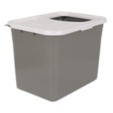 The Petmate Top Entry Litter Box features a gray plastic rectangular shape with a square opening cut into its non-slip white lid. This eco-friendly item, set against a white background, serves as an adaptable litter box.