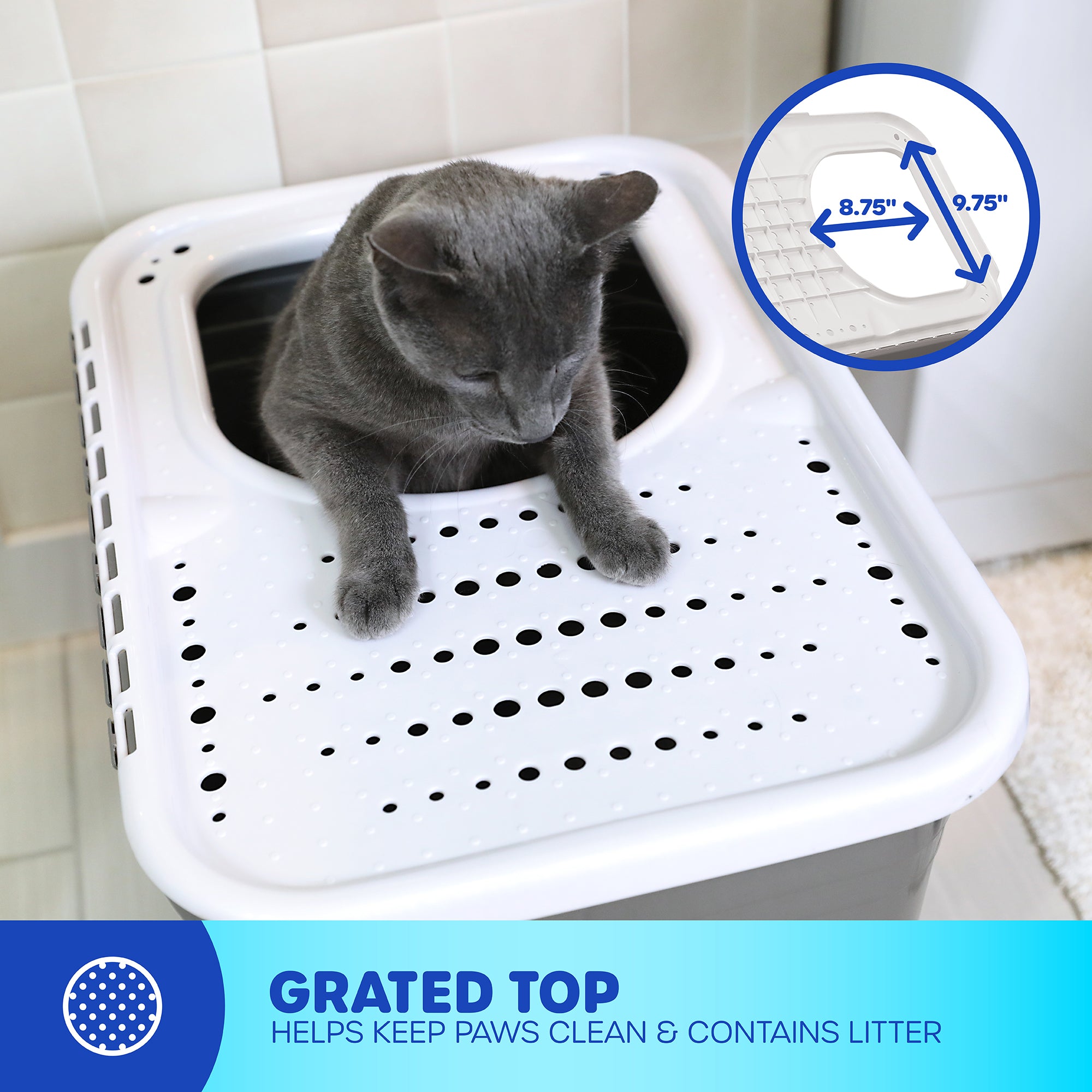 A gray cat sits in the Petmate Top Entry Litter Box, featuring a non-slip lid for paw cleanliness and litter containment. The close-up highlights the 8.75 x 9.75 lid dimensions, while a blue banner emphasizes its eco-friendly grated design.