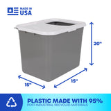 The Petmate Top Entry Litter Box is a gray plastic bin with a white, non-slip textured lid, measuring 15x15x20 inches. Made from 95% post-industrial recycled materials in the USA, this eco-friendly product combines practicality with sustainability.