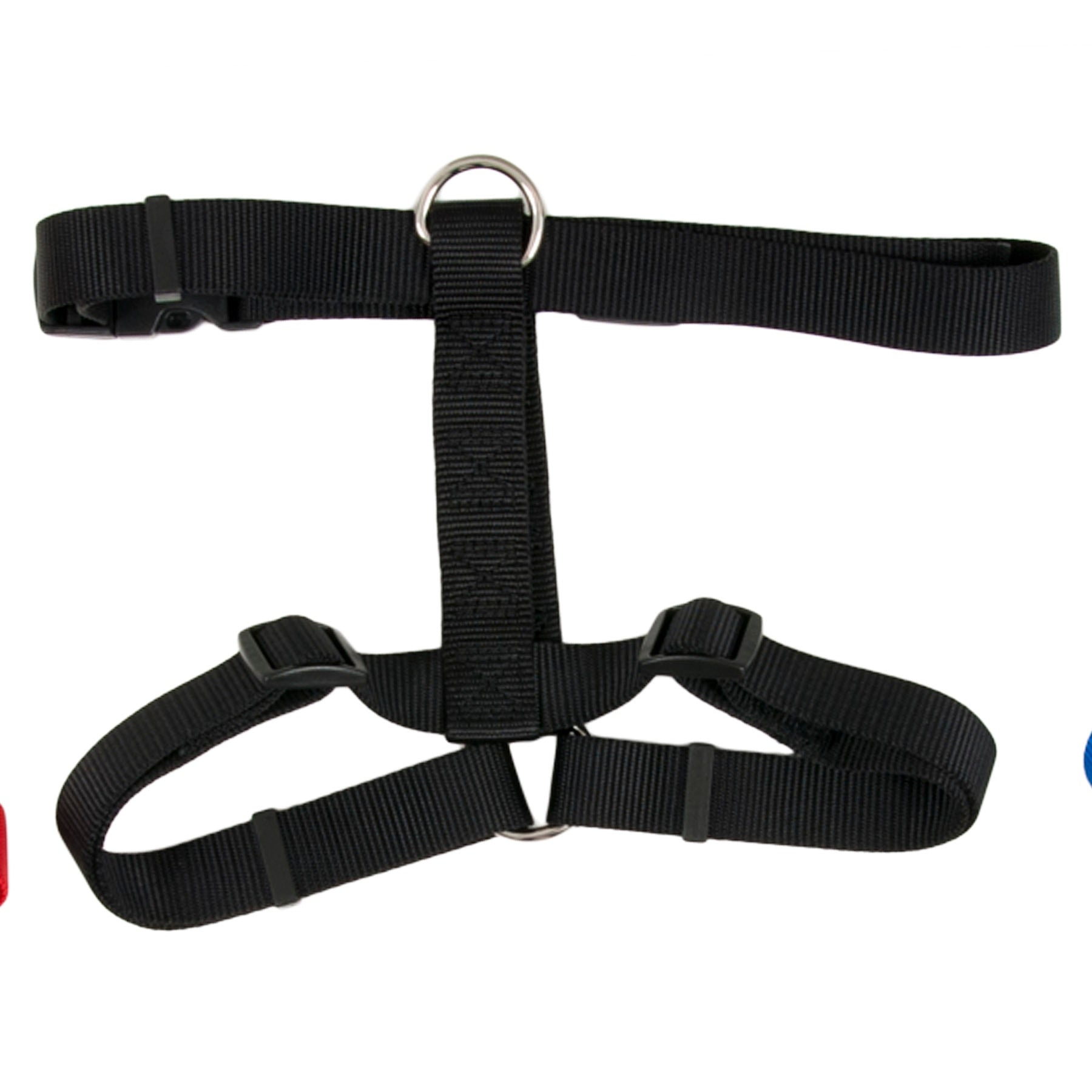 Petmates Adjustable Dog Harness, in black, is made from fray-resistant nylon and includes a durable metal D-ring and multiple straps for a snug fit around your pets torso and front, set against a crisp white background.