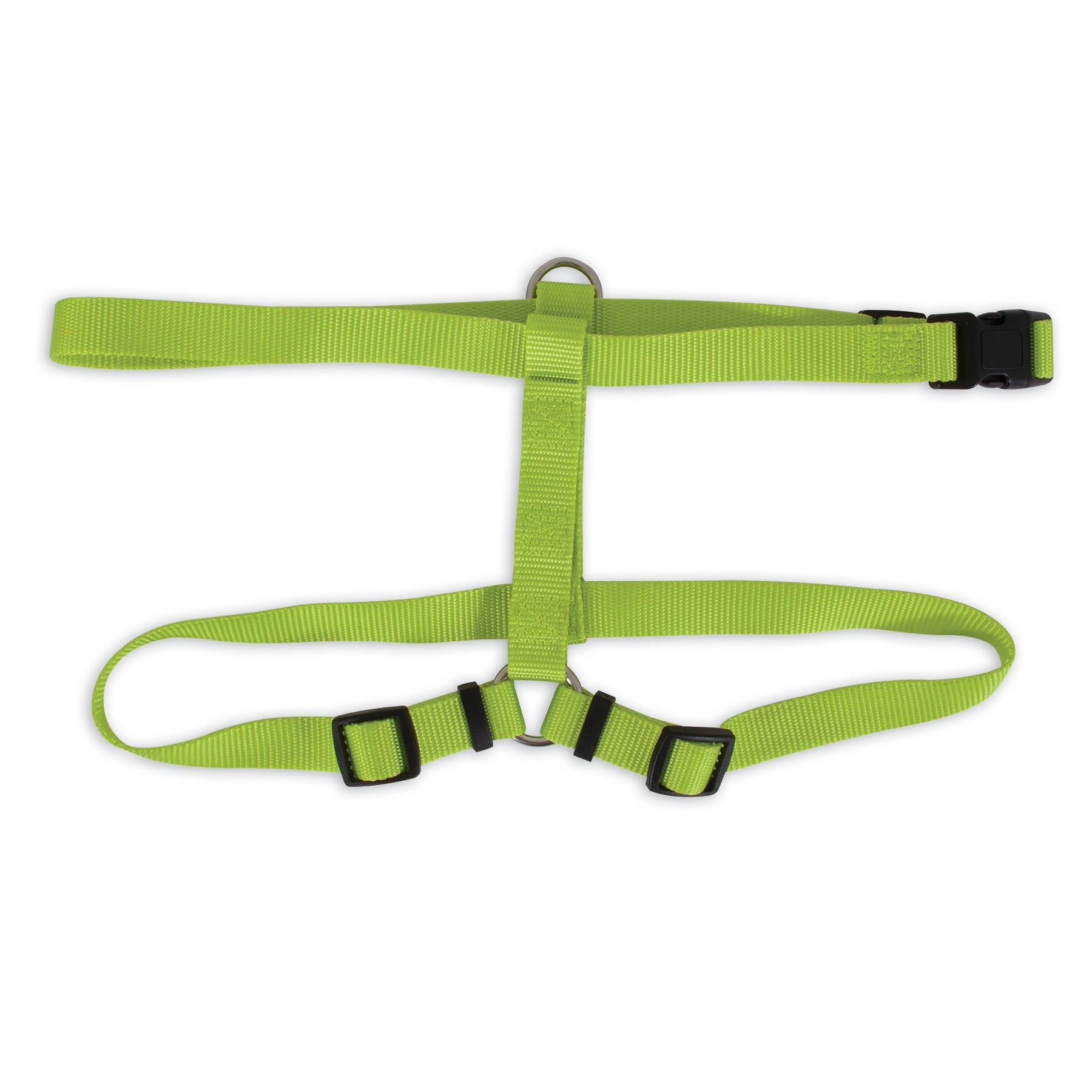 Petmates Adjustable Dog Harness in green is made of fray-resistant nylon and includes black plastic buckles, a durable metal D-ring, and a T-shaped step-in design for easy adjustments, ensuring a snug fit.