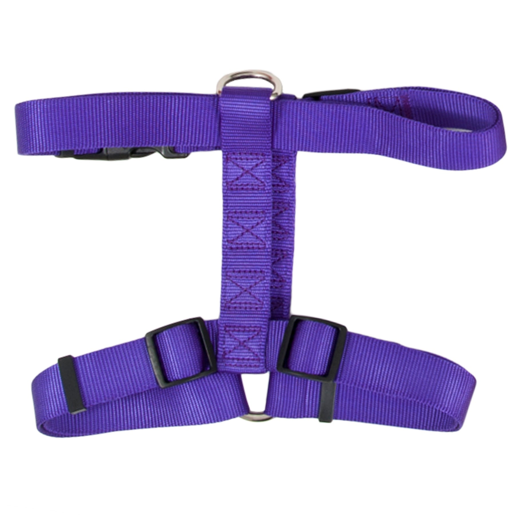 The Petmate Adjustable Dog Harness, available in purple, features flat-laying adjustable straps with sturdy black plastic buckles. Made from fray-resistant nylon, it includes two metal D-rings for leash attachment on the back and chest, ensuring smooth and durable wear.