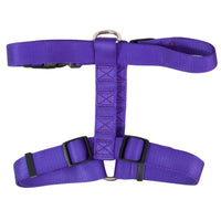 The Petmate Adjustable Dog Harness, available in purple, features flat-laying adjustable straps with sturdy black plastic buckles. Made from fray-resistant nylon, it includes two metal D-rings for leash attachment on the back and chest, ensuring smooth and durable wear.