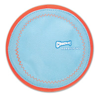 The Chuckit Paraflight Flyer Dog Toy, a round and blue fetch toy with an orange rim, offers endless aerodynamic fun.