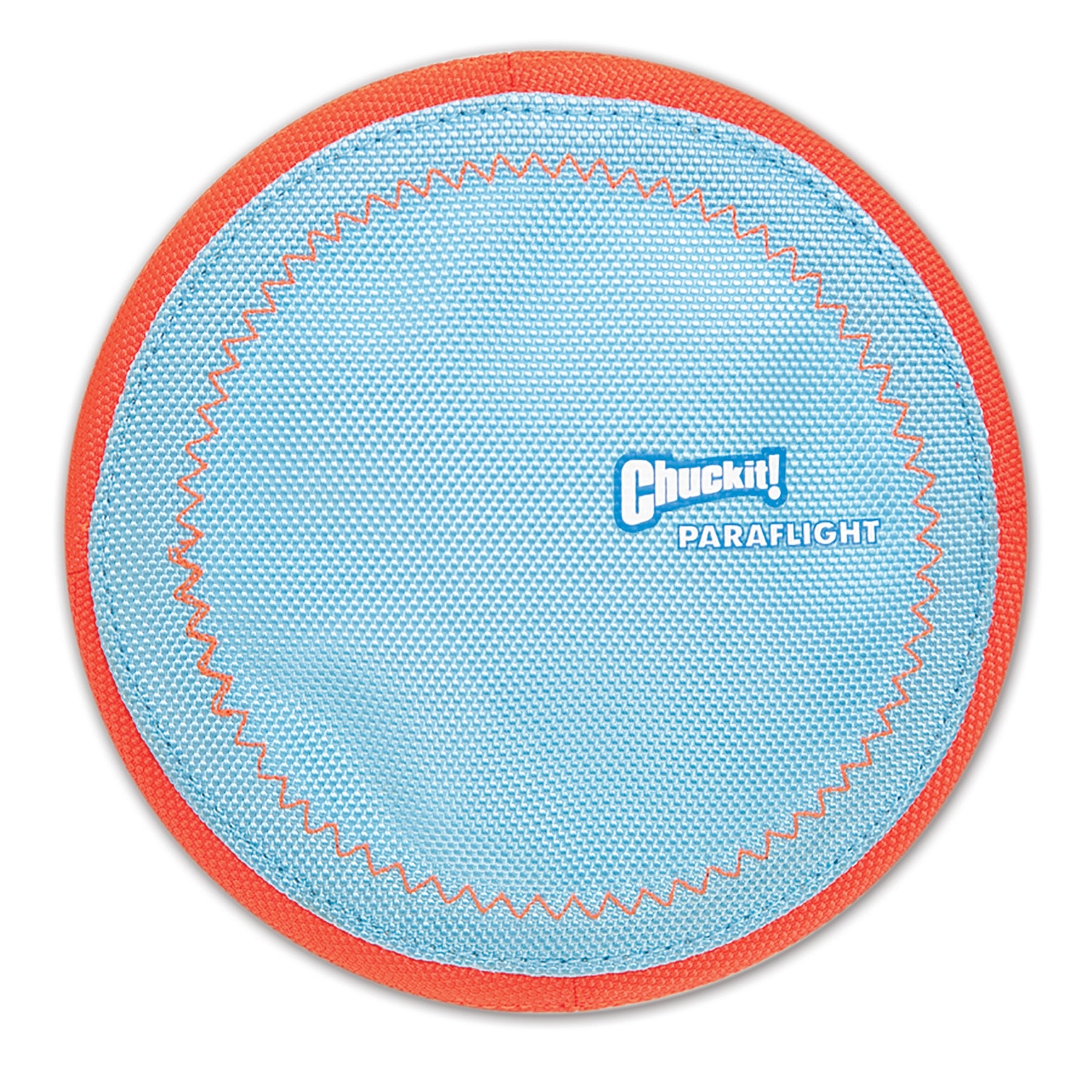 The Chuckit Paraflight Flyer Dog Toy, a round and blue fetch toy with an orange rim, offers endless aerodynamic fun.