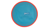 The Chuckit Paraflight Flyer Dog Toy, with its sleek round design, features a blue surface accented by red edging and zigzag stitching. Durable and entertaining, Chuckit! Paraflight Flyer is printed in white at the center, offering endless fun for your playful pup.