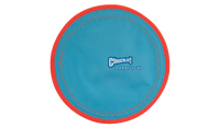 The Chuckit Paraflight Flyer Dog Toy, with its sleek round design, features a blue surface accented by red edging and zigzag stitching. Durable and entertaining, Chuckit! Paraflight Flyer is printed in white at the center, offering endless fun for your playful pup.
