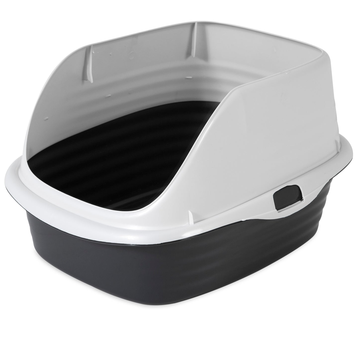 The Arm & Hammer Large Rimmed Wave Litter Box by Arm And Hammer is a sleek black and white, rectangular design with high sides and an open top. It includes MICROBAN® antimicrobial protection and a detachable panel for hassle-free cleaning, offering both hygiene and convenience.