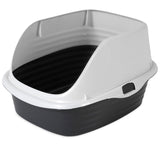 The Arm & Hammer Large Rimmed Wave Litter Box by Arm And Hammer is a sleek black and white, rectangular design with high sides and an open top. It includes MICROBAN® antimicrobial protection and a detachable panel for hassle-free cleaning, offering both hygiene and convenience.