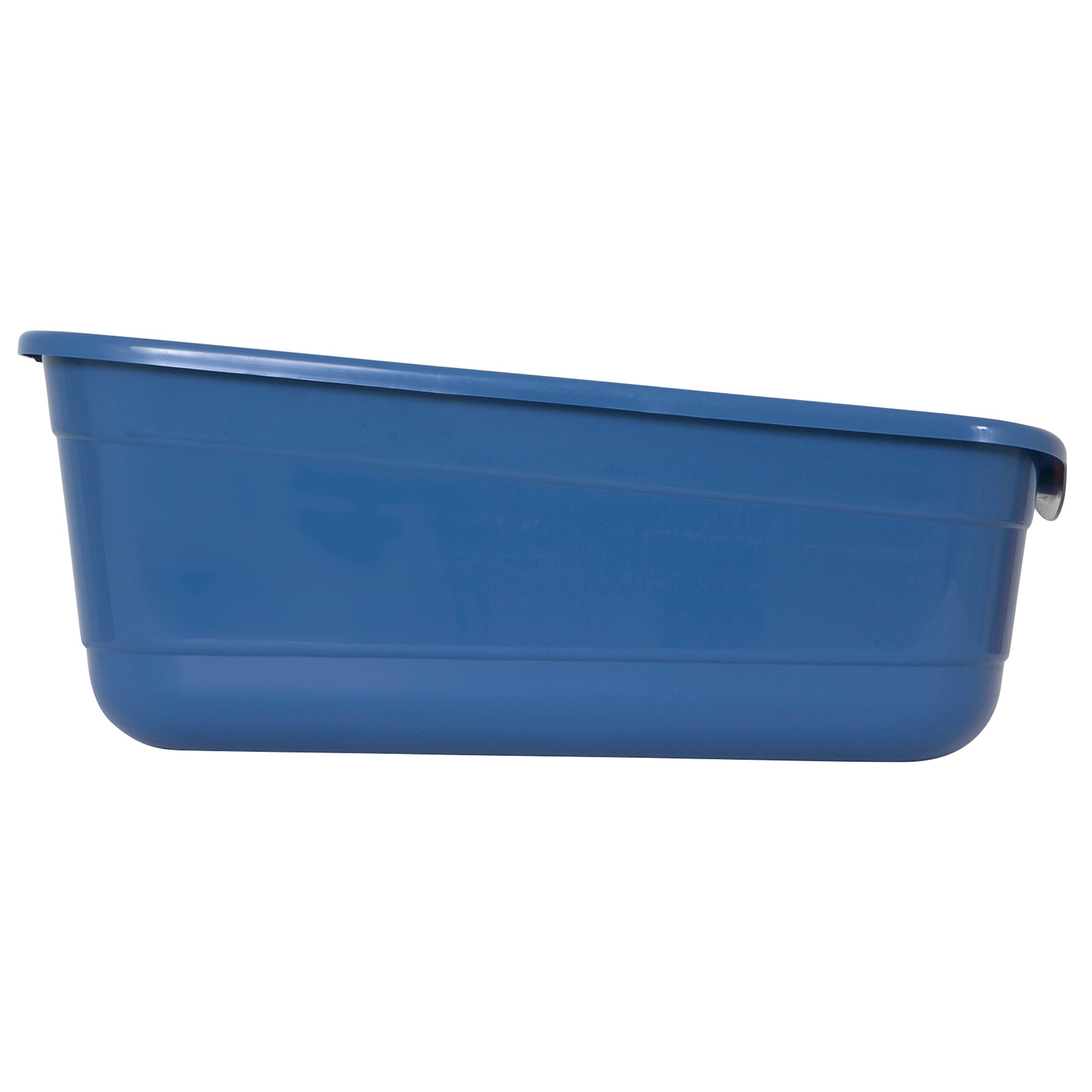 The Petmate Giant Litter Box by Petmate is a blue rectangular plastic tub for large cats. It features odor-resistant plastic, a slightly raised back edge, and a smooth, handle-free design that resembles a giant litter box from the side.