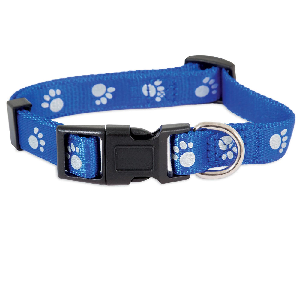 The Petmate Reflective Paw Adjustable Dog Collar features fray-resistant blue nylon with silver reflective paw prints, a sturdy black plastic buckle, and a durable metal D-ring for secure leash attachment.