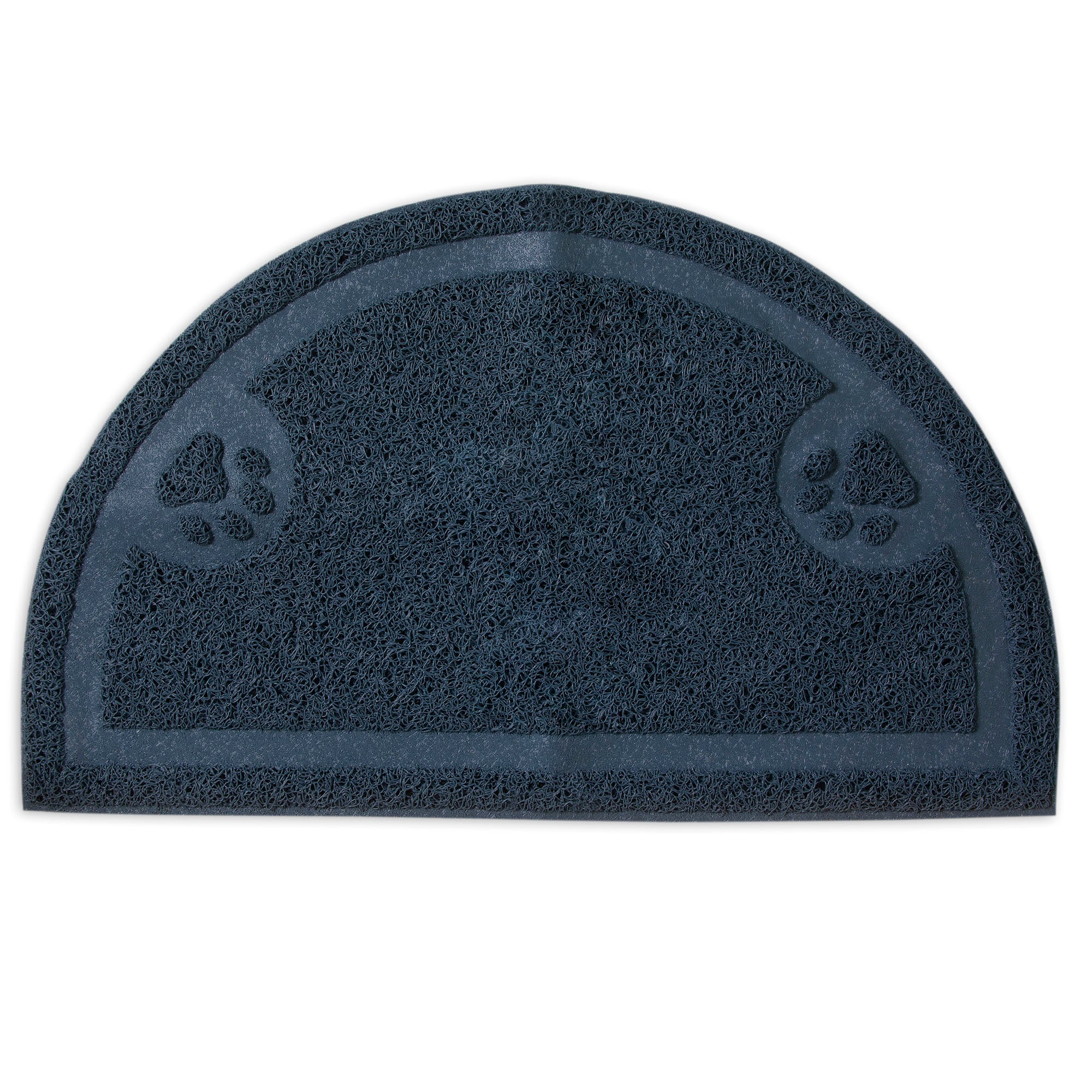 The Petmate Litter Catcher Mat 1/2 Circle by Petmate is a semi-circular, dark blue mat with a textured surface made from rubberized material. It includes two paw print designs at the top for decoration, making it suitable as a door or pet mat to reduce litter scatter.