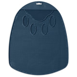 The dark blue Petmate Flexible Litter Mat, shaped like a paw, features multiple textured surfaces and suction cups. It engages pets during mealtime or bath time, reducing stress and adding fun when used with your cats litter pan.