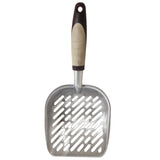 The Petmate Metal Litter Scoop is a heavy-duty aluminum cat litter scoop by Petmate, featuring an ergonomic grip in beige and brown, with a flat, rounded edge and diagonal slots for efficient sifting.