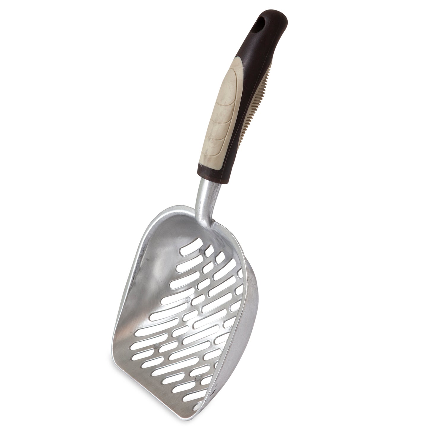The Petmate Metal Litter Scoop by Petmate features a durable aluminum build and an ergonomic black and beige rubber handle for comfort. Its slits are designed for effective litter sifting.