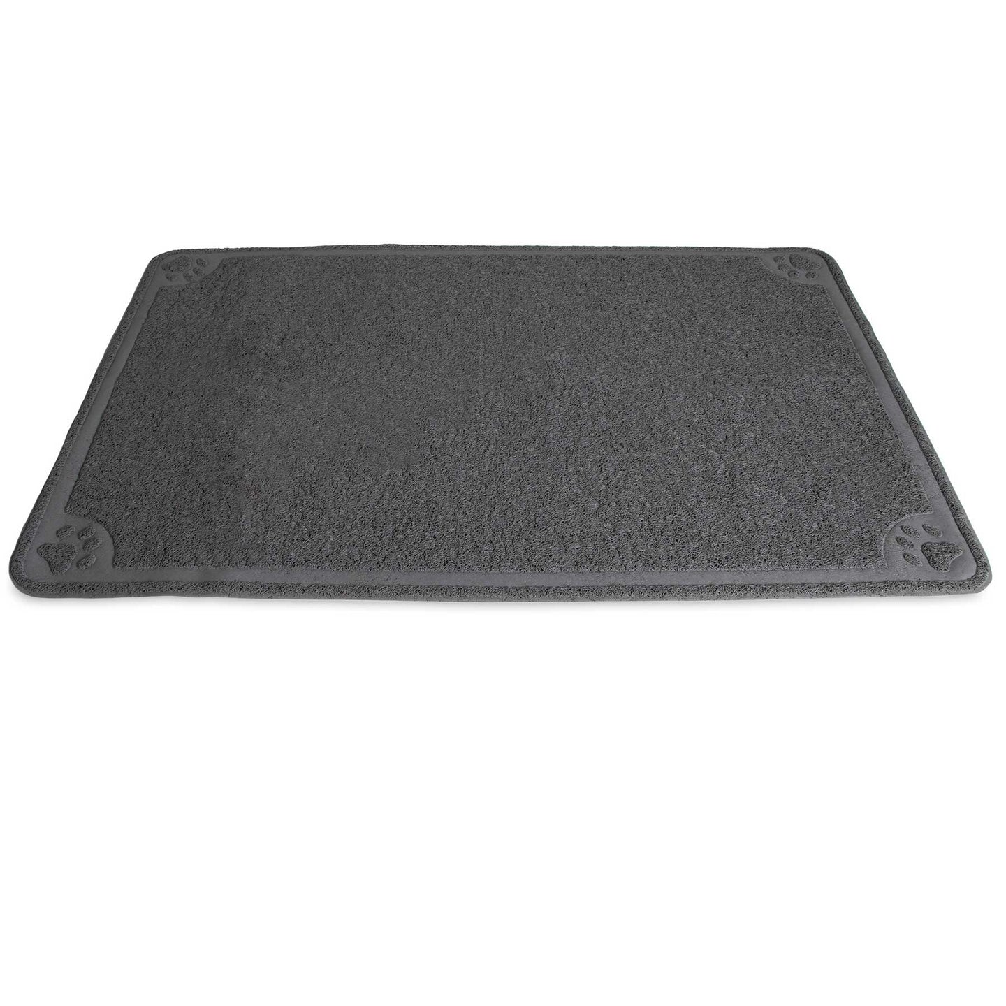 The Petmate Extra Large Litter Catcher Mat is a gray, rectangular doormat with a textured surface and small paw prints at each corner. Its perfect for your cats litter box area, effectively catching litter while lying soft and flat on the floor.