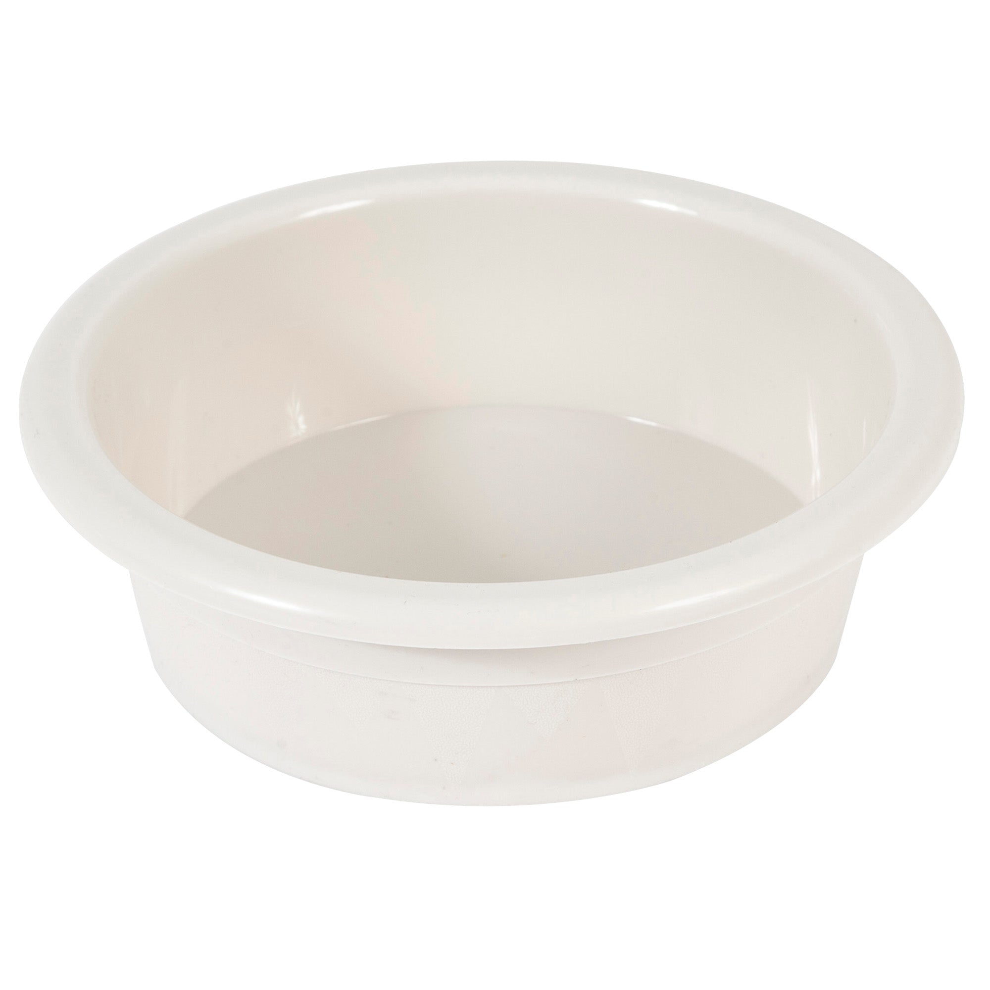 The Petmate Crock Bowl for Pets by Petmate is a round, white plastic basin with smooth edges and Microban protection, featuring a slightly shiny surface. This simple design is great for washing or holding items and is often made with recycled content.