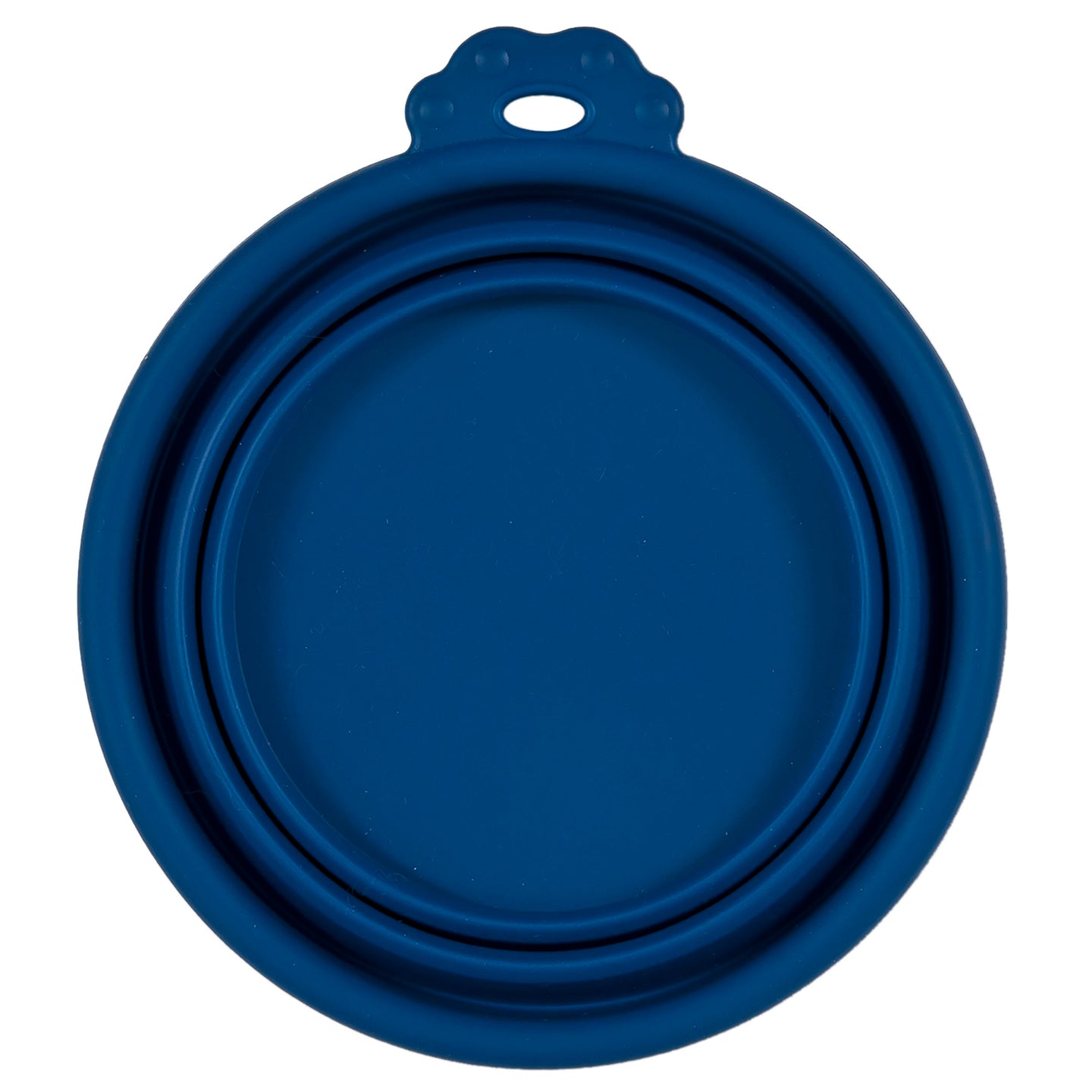 The Petmate Silicone Round Travel Pet Bowl by Petmate is a blue, collapsible silicone bowl with a flat rim and tab featuring a hole for hanging. Dishwasher safe and travel-friendly, its perfect in a fully collapsed position for on-the-go convenience.