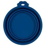 The Petmate Silicone Round Travel Pet Bowl by Petmate is a blue, collapsible silicone bowl with a flat rim and tab featuring a hole for hanging. Dishwasher safe and travel-friendly, its perfect in a fully collapsed position for on-the-go convenience.