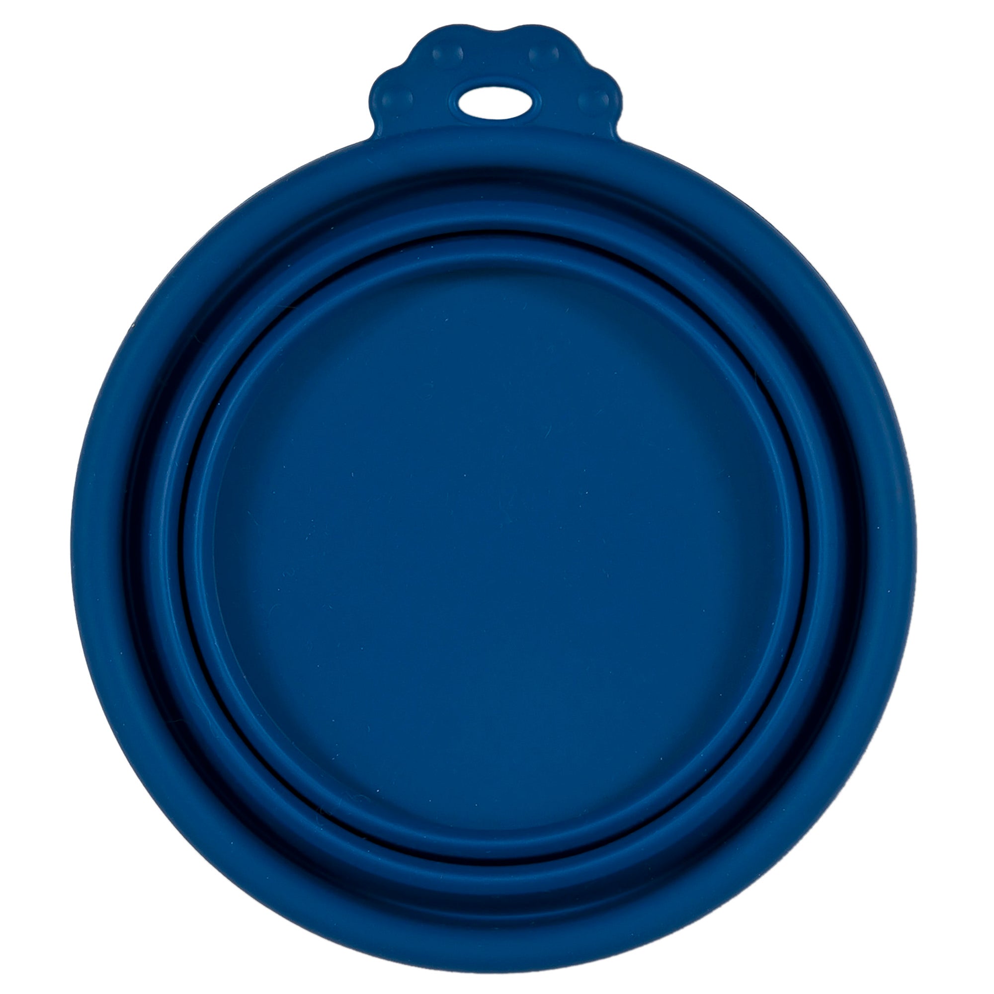 The Petmate Silicone Round Travel Pet Bowl by Petmate is a blue, collapsible silicone bowl with a flat rim and tab featuring a hole for hanging. Dishwasher safe and travel-friendly, its perfect in a fully collapsed position for on-the-go convenience.