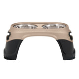 The Petmate Easy Reach Diner by Petmate features an elevated beige and black plastic stand with two stainless steel bowls, promoting better digestion and comfortable feeding for dogs or cats, especially large breeds.