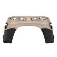 The Petmate Easy Reach Diner by Petmate features an elevated beige and black plastic stand with two stainless steel bowls, promoting better digestion and comfortable feeding for dogs or cats, especially large breeds.