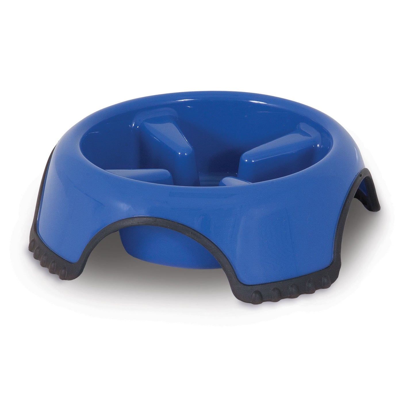 The Aspen Pet Skid Stop Slow Feeder Dog Bowl, in blue plastic, has raised barriers to slow your dogs eating and features black rubber grips on the bottom edges to prevent sliding.