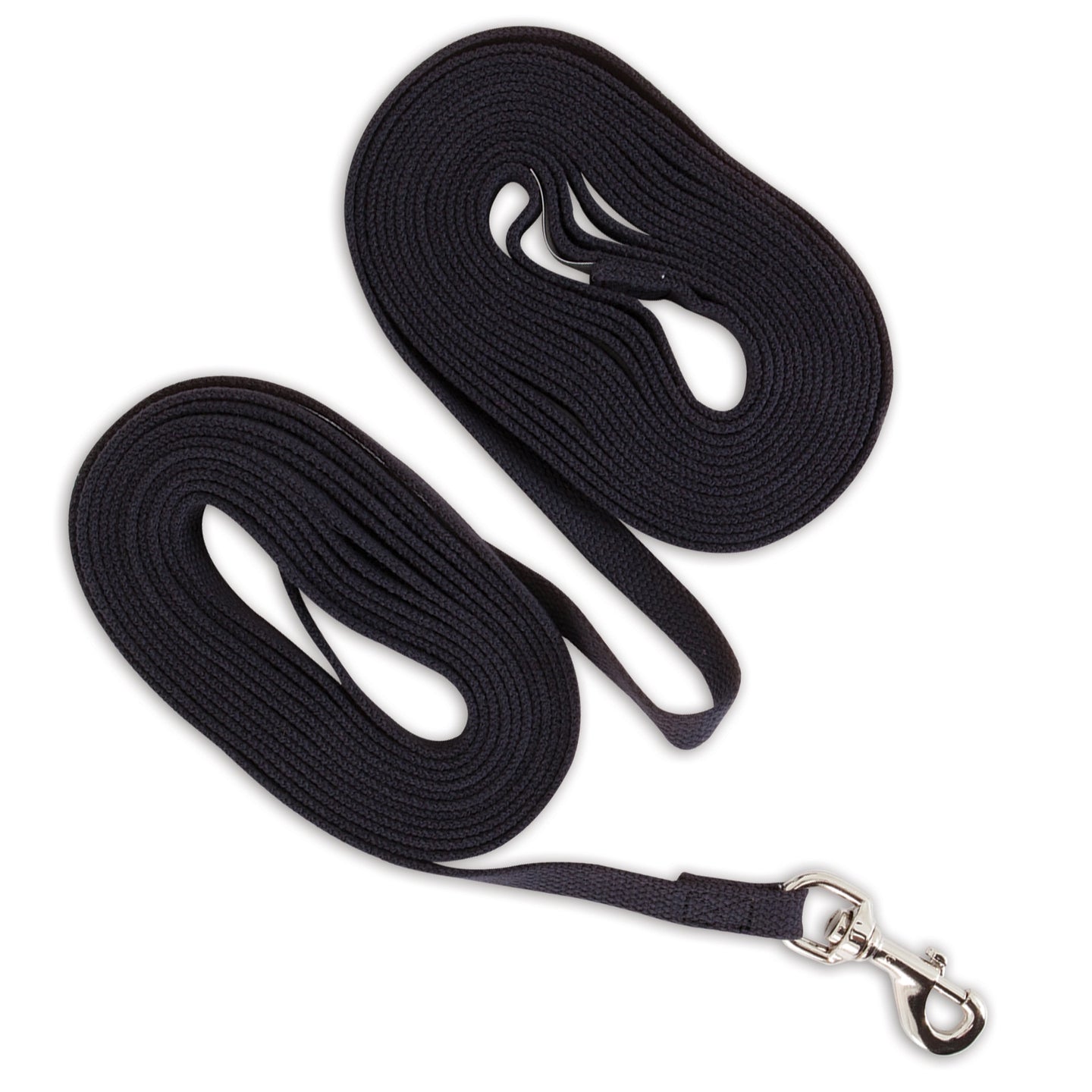 The Aspen Pet Cotton Training Dog Lead, a black coiled leash with a metal clasp, is neatly arranged on a white background. Recommended by trainers, this durable leash from Aspen Pet is perfect for effective pet training.