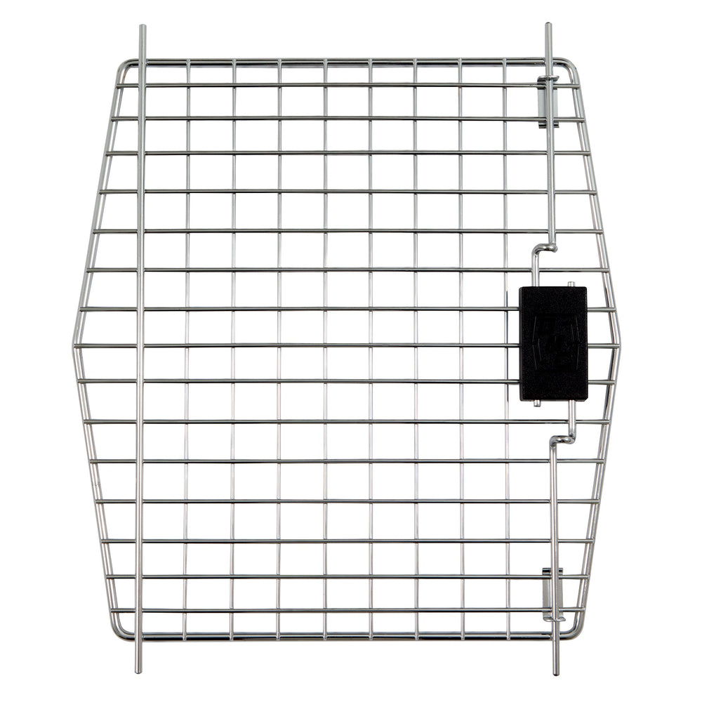 A metal grid panel with evenly spaced squares features a black Squeeze Latch Locking System on the right side. The symmetric structure has two parallel vertical rods for stability, ideal as a Replacement Door for Petmate Pet Porter, Vari Kennel, and Sky Kennel by Petmate.
