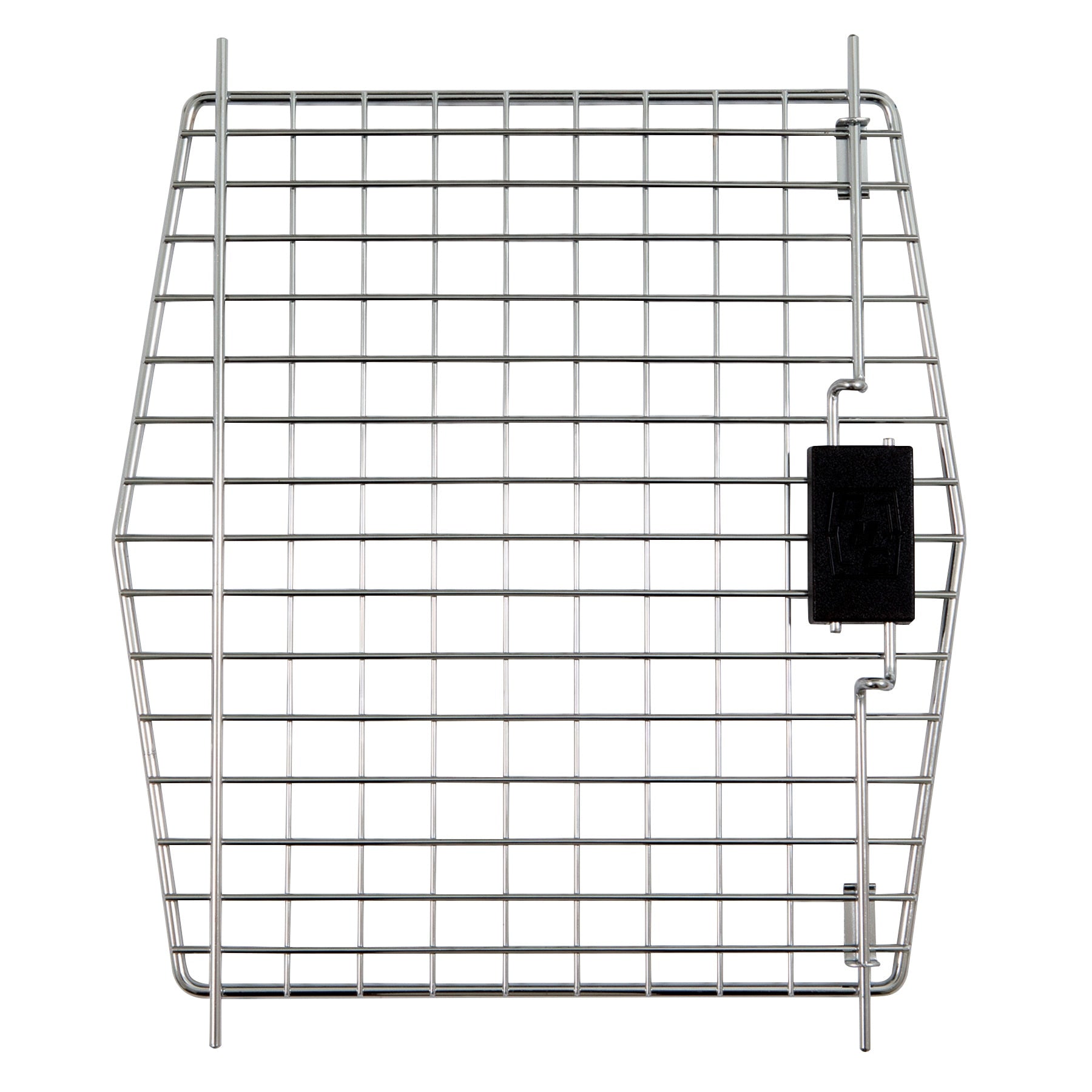A metal grid panel with evenly spaced squares features a black Squeeze Latch Locking System on the right side. The symmetric structure has two parallel vertical rods for stability, ideal as a Replacement Door for Petmate Pet Porter, Vari Kennel, and Sky Kennel by Petmate.