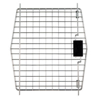 A metal grid panel with evenly spaced squares features a black Squeeze Latch Locking System on the right side. The symmetric structure has two parallel vertical rods for stability, ideal as a Replacement Door for Petmate Pet Porter, Vari Kennel, and Sky Kennel by Petmate.