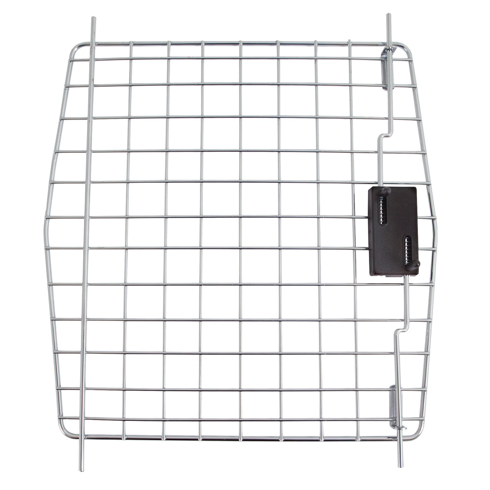 The Petmate Multi Fit Plastic Kennel Replacement Door is a rectangular metal wire grid with a black hinge, perfect for replacing the door on your Deluxe Pet Porter Jr or Kennel Cab. It has square openings formed by vertical and horizontal wires, ideal for kennel upgrades.