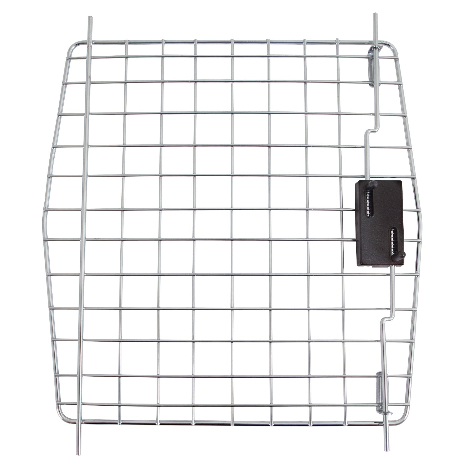 The Petmate Multi Fit Plastic Kennel Replacement Door is a rectangular metal wire grid with a black hinge, perfect for replacing the door on your Deluxe Pet Porter Jr or Kennel Cab. It has square openings formed by vertical and horizontal wires, ideal for kennel upgrades.