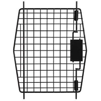 Explore the Petmate 21 Sky Kennel Replacement Door, featuring a black metal wire mesh panel with a rectangular grid pattern. It meets IATA requirements and includes hinges and a rectangular lock mechanism on one side, with a symmetrical, slightly tapered shape for seamless fitting.