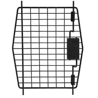 The 21 Ultra Vari Kennel Replacement Door by Petmate is a black metal hexagonal grid with vertical and horizontal bars, featuring a right-side latch mechanism for easy opening and closing.